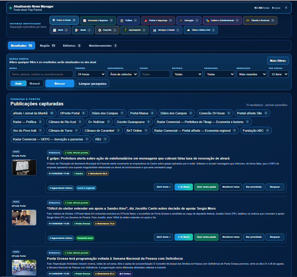 Fluxo real de notícias do News Manager
